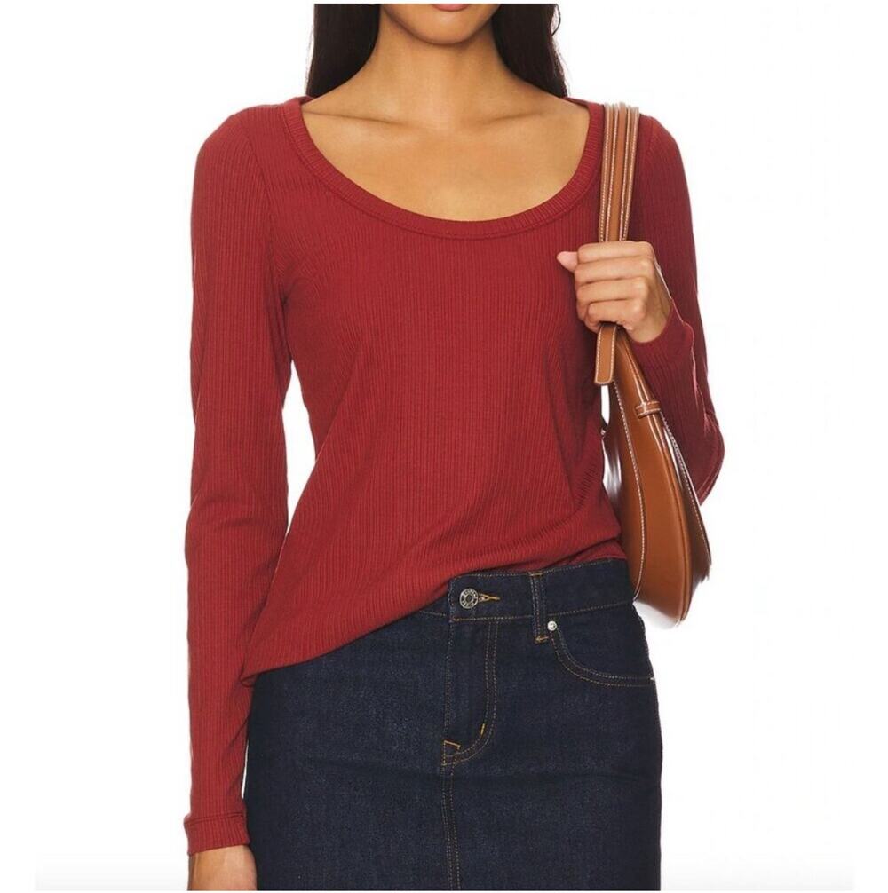 Spanx Top Womens Small Red Stretch Rib Scoop Neck Long Sleeve Tee Basic Casual
